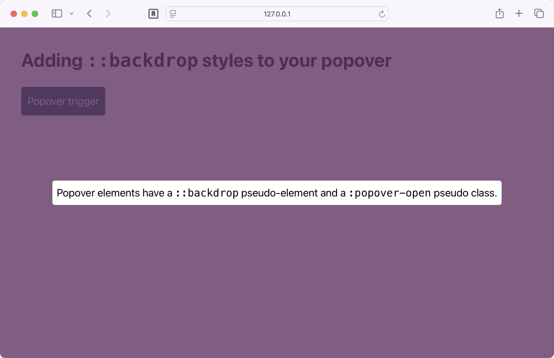 A popover in its showing state with a purple, translucent backdrop. It's a white box with a black border and black text