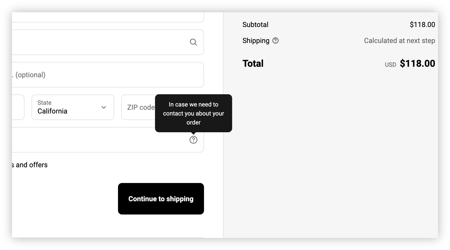A screen shot of a popover from a Shopify checkout page