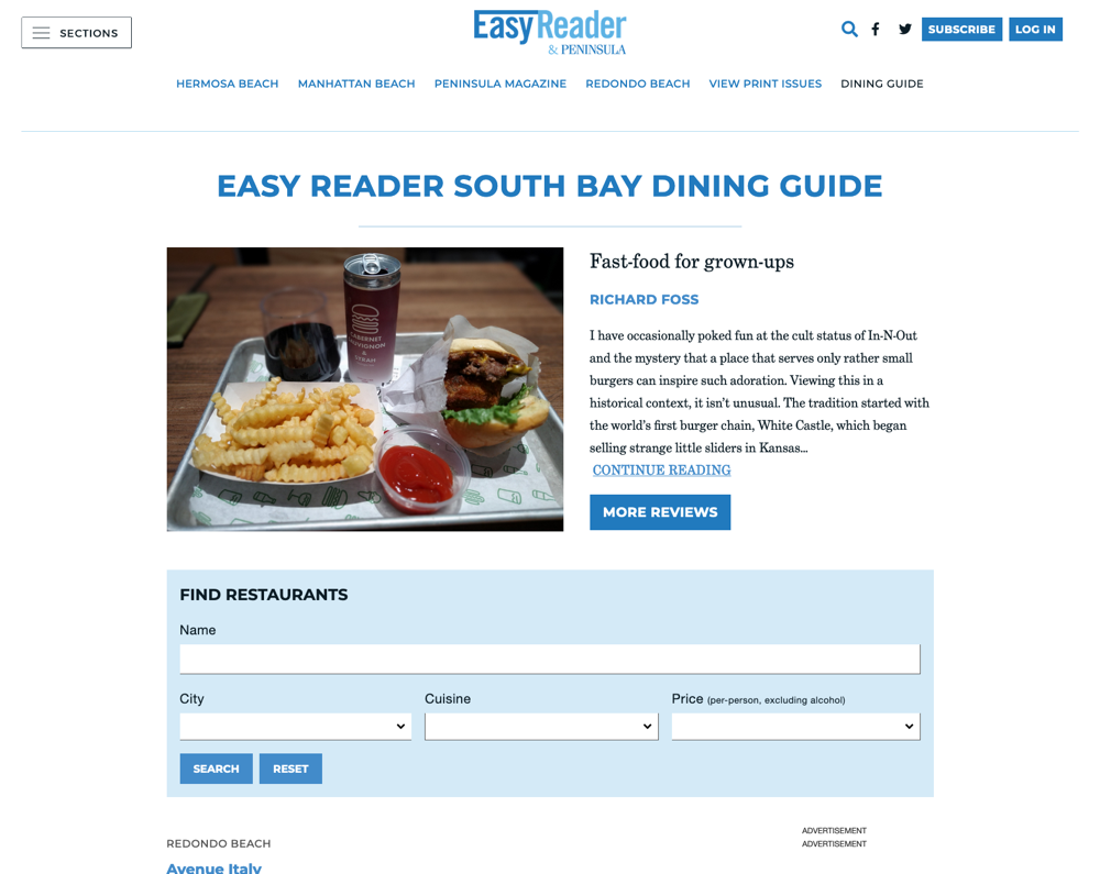 A Screen Shot of the South Bay Dining Home Page